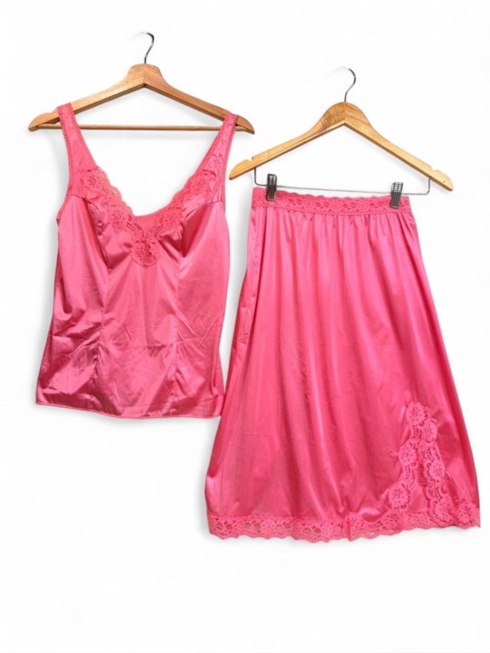 Vtg Vassarette Quintessence Pink Lace Cami Half Slip Skirt Set Antron III Nylon